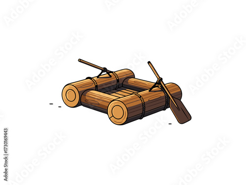 Pixel Art Style Wooden Log Raft with Paddle on White Background Illustration Isolated