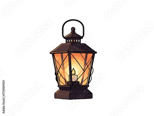 Isolated Antique Lantern with Lit Candle in Pixelated Vector Art Style on Dark Background