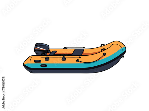 Vivid Orange Inflatable Boat with Teal Accents and Black Motor on Transparent Background Detailed Pixel Art Style