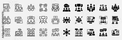 Creative meeting icon set for teamwork, brainstorming, online conferences, seminars, and professional workplace collaboration designs