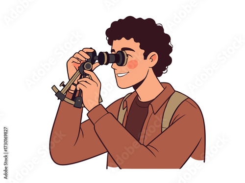 Illustration of a Young Man with Binoculars in Brown Tones on White Background Isolated Vector