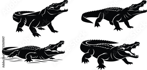 Crocodile silhouette illustration, wild reptile vector, dangerous predator design, animal wildlife graphic, open mouth crocodile art, black reptile drawing