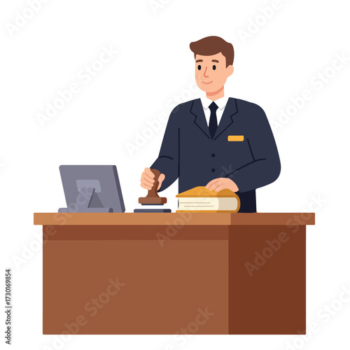 Man in suit with gavel at desk stamping a book
