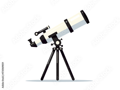 White Telescope with Black Accents on Tripod Isolated on White Background Vector Illustration