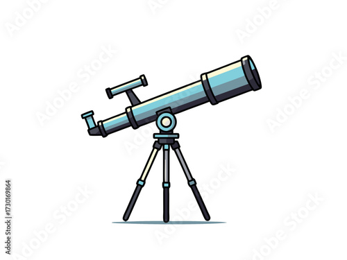 Pixel Art of Light Blue Telescope on Tripod Against White Background