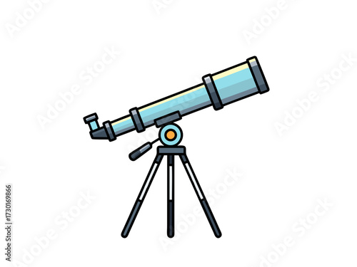 Pixel Art Illustration of Light Blue Telescope with Tripod Against White Background