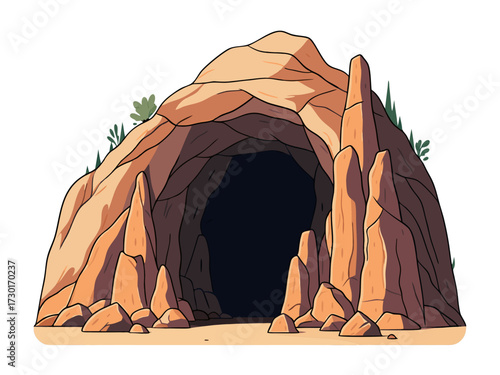 Pixelated Cave Entrance with Dark Interior on Transparent Background Vector Illustration