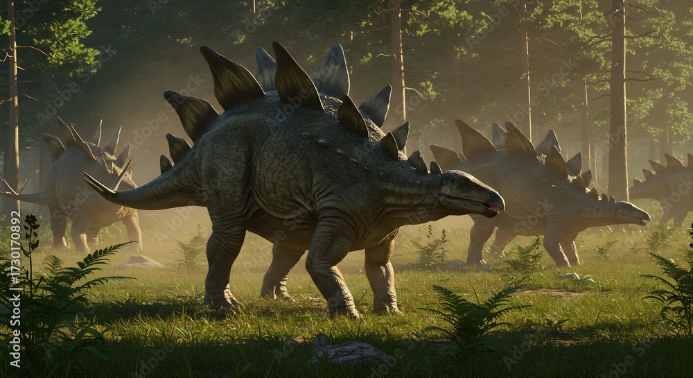 Fototapeta premium Stegosaurus Herd Walking Through Forest Clearing