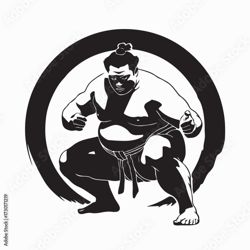 Vector Silhouette of Sumo Wrestler in Fighting Pose Isolated on White background