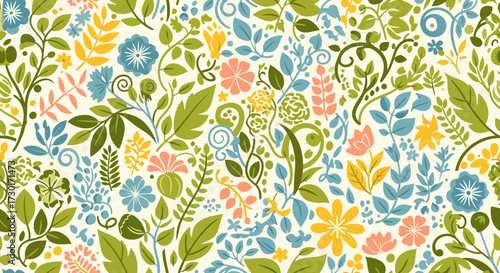 Charming floral seamless pattern with a whimsical arrangement of colorful blooms and lush green leaves on a cream background