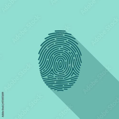 Stylized fingerprint illustration on a teal background with a long shadow effect.