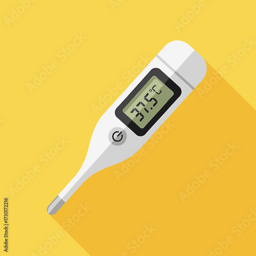 A digital thermometer displaying a temperature reading on a yellow background.