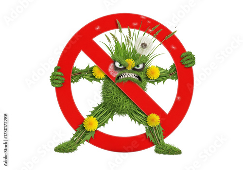 A cartoonish green monster with a single eye and spiky hair is trapped within a red prohibition sign indicating it is forbidden or banned
