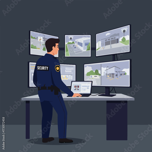 Guard monitors surveillance screens at desk in dark room; laptop open
