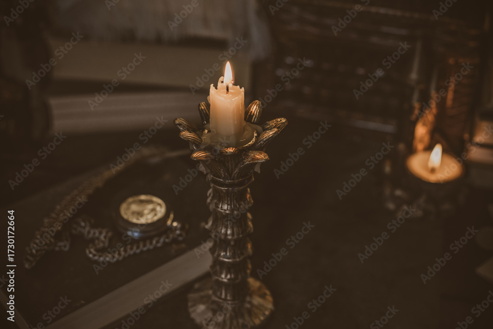 Fototapeta premium Mystical autumn altar with candles and mirrors