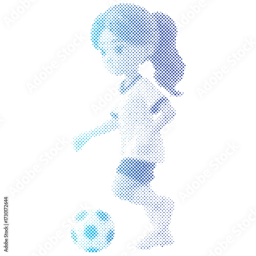 Halftone dots pattern gradient of A Soccer player woman athlete with the ball  in gradient
