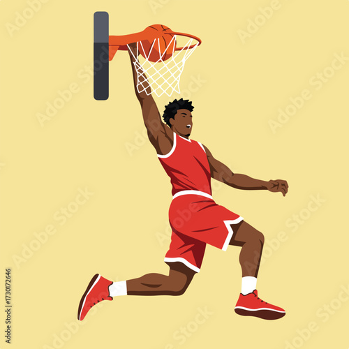 Flat illustration of basketball player dunking, yellow background
