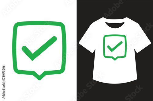 Split-screen vector design with green checkmark in box on white background and white t-shirt featuring the same symbol on black background. Minimalist, bold, and graphic style.