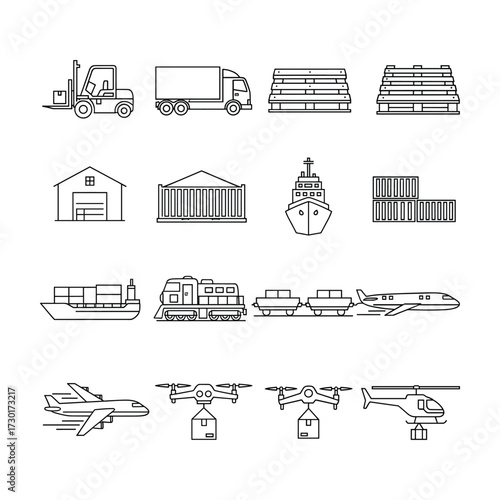 Diverse logistics and transportation icons for global shipping and delivery services