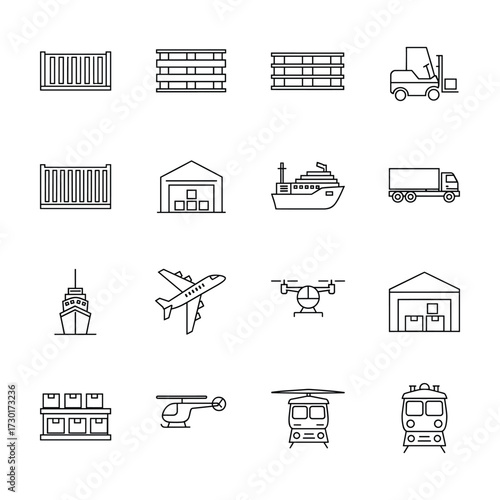 Logistics and transportation icons set for global shipping and delivery services