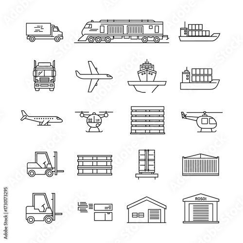 Set of logistics and transportation icons for global shipping and delivery services