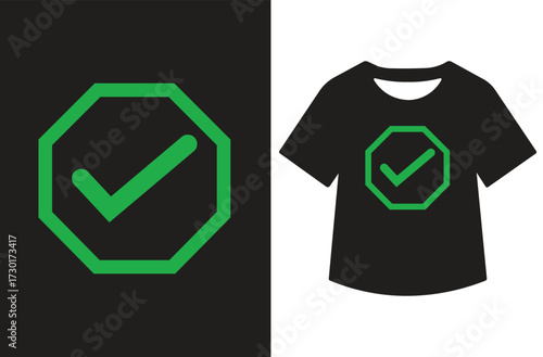 Split-screen vector design with green checkmark in box on white background and black t-shirt featuring the same symbol on black background. Minimalist, bold, and graphic style.