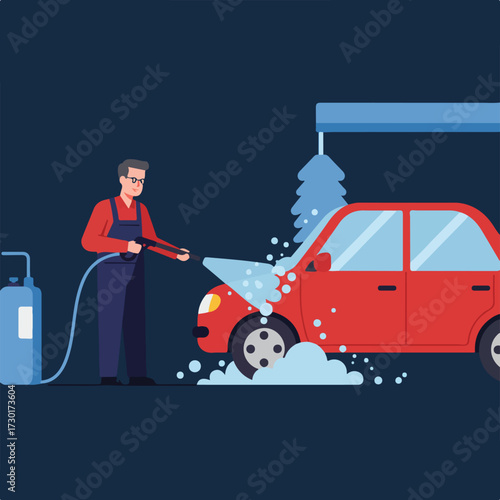 Man washing red car with pressure washer, soap bubbles and water splashing