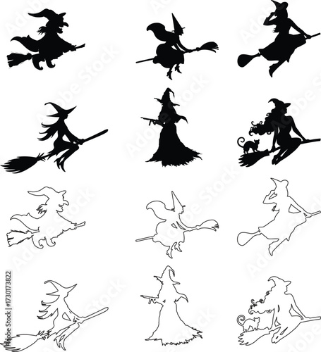 Witch silhouette, Halloween witch on a broomstick flying silhouette vector illustration on white background. Flying Witch Icon Halloween witch silhouette flying on broomstick vector illustration set