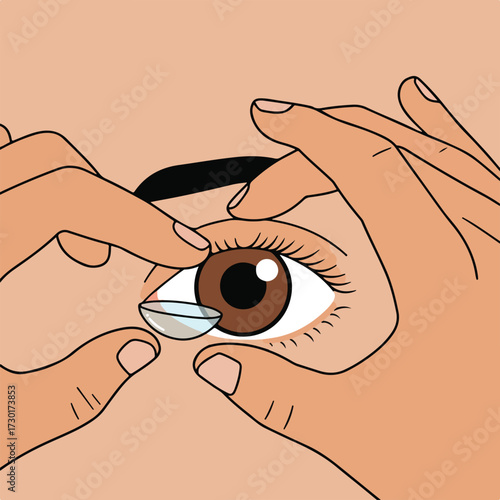 Applying contact lens to brown eye, with fingers holding eyelids open