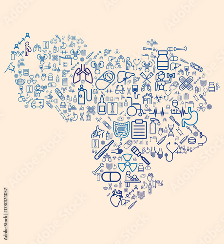 Map of Venezuela formed by icons related to medicine and healthcare system. SUS. Public healthcare. America