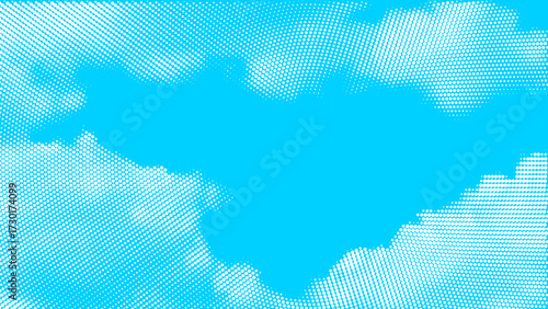 Halftone clouds. Blue sky with white dotted smoke cloud, abstract 80s pop art polka cloudy pattern. Summer or spring nature cloudscape vector grain texture for backdrop or banner