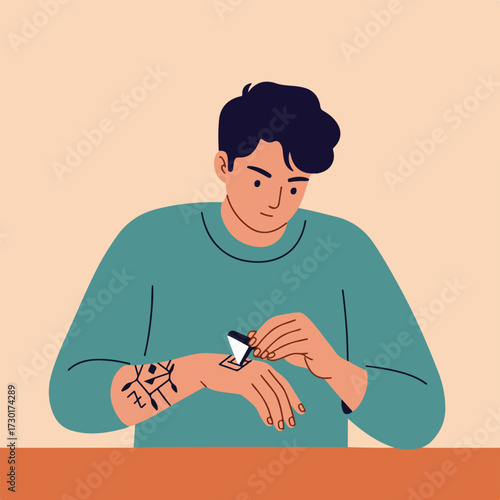 Man applying temp tattoo on forearm, wearing teal shirt, sitting at a table