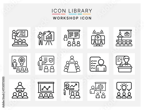 Flat style workshop icon pack with training, learning, professional development, brainstorming, and teamwork illustrations