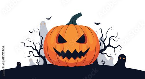 A spooky jack o lantern with creepy trees and ghosts on Halloween night.