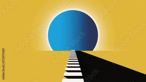 Vector art of blue sphere on horizon with a path leading towards it