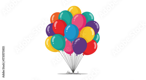 A vibrant cluster of colorful balloons floats upwards against a white background, symbolizing celebration and joy.