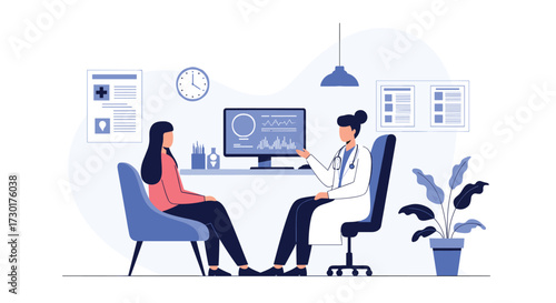 A doctor discusses test results with a patient in a medical office setting.