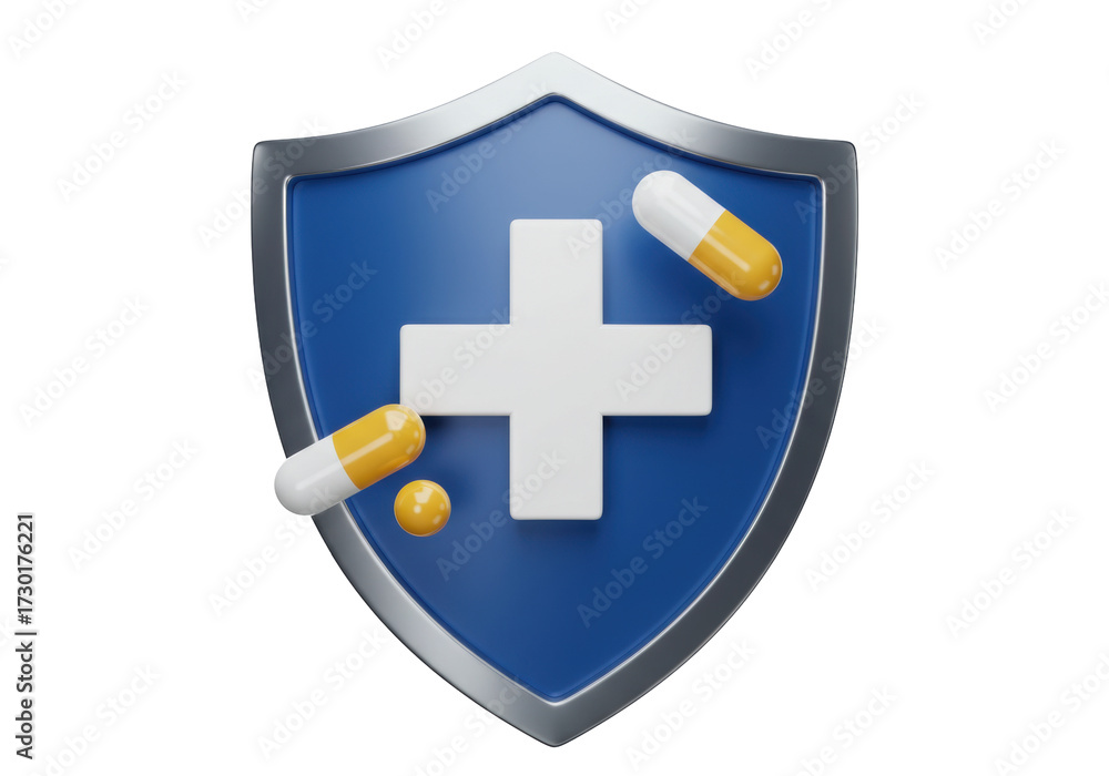 Fototapeta premium Medical shield with cross and pills isolated on transparent background PNG healthcare protection concept 3D rendering