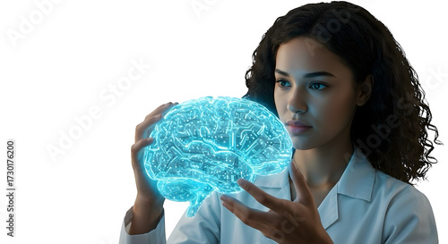 Glowing blue brain design shows digital intelligence on black. For tech, science, medical video background, presentation template, product mockup, digital design.
