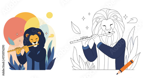 A majestic lion plays a cheerful melody on a flute surrounded by colorful foliage.