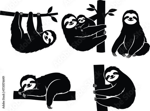PrintSloth silhouette, animal illustration, lazy wildlife, tropical rainforest, hanging sloth, baby sloth, climbing sloth, sitting sloth, sleeping sloth, vector design