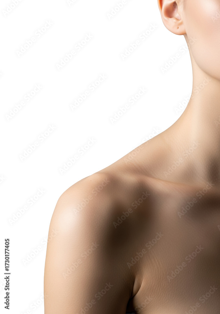 Obraz premium Close-up of a female's bare right shoulder, elegant neck curve, smooth luminous skin, and delicate collarbone against a seamless transparent studio backdrop, minimalist fine art concept