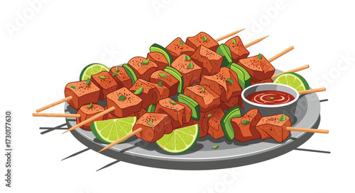Delicious marinated meat skewers with fresh lime and dipping sauce.