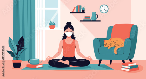 A woman practices meditation at home wearing a mask with a cat sleeping on a chair nearby.