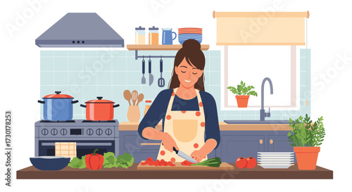 A young woman happily chopping fresh vegetables for a healthy meal in a bright kitchen.