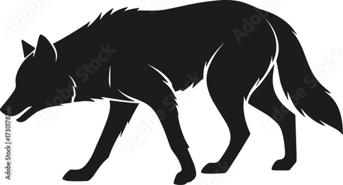 PrintWolf silhouette walking in wilderness, stealthy predator animal illustration, wild canine vector art, 
