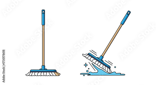 A blue mop is shown standing upright and then at an angle cleaning a spilled liquid.