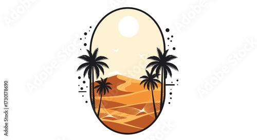 An artistic oval frame displays a pixelated desert landscape with palm trees and a bright sun overhead.