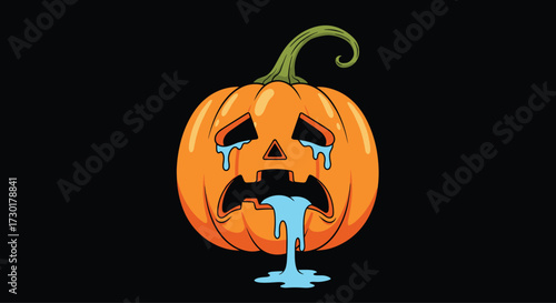 A lonely sad crying jack o lantern with tears dripping down its face onto the ground.