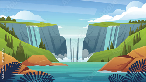 Vector art of scenic view of a majestic waterfall cascading down cliffs into a serene lake
